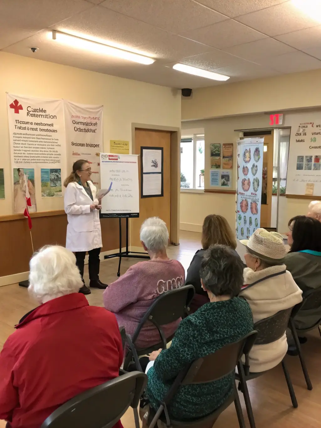 A group of Canadians participating in a health workshop led by a bone health expert, focusing on interactive learning.
