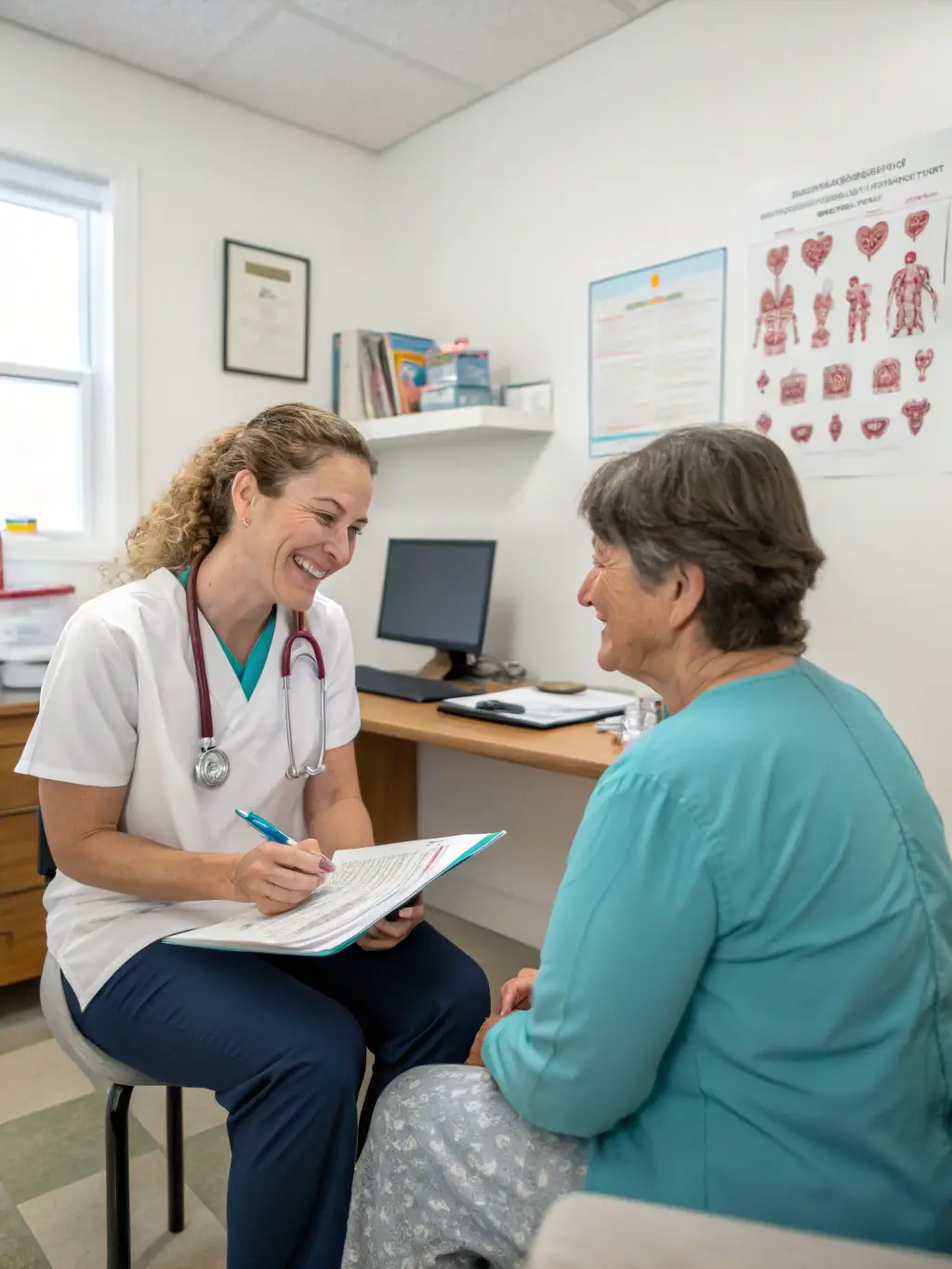 A friendly healthcare professional discussing bone health with a patient in a modern clinic setting, emphasizing personalized care.