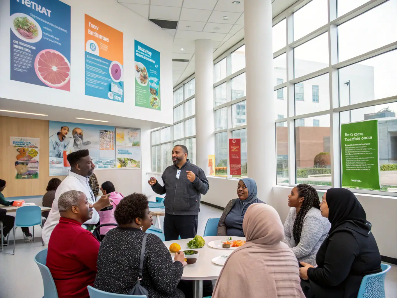 A diverse group of Canadians participating in an interactive bone health workshop, learning about nutrition and injury prevention in a community setting.
