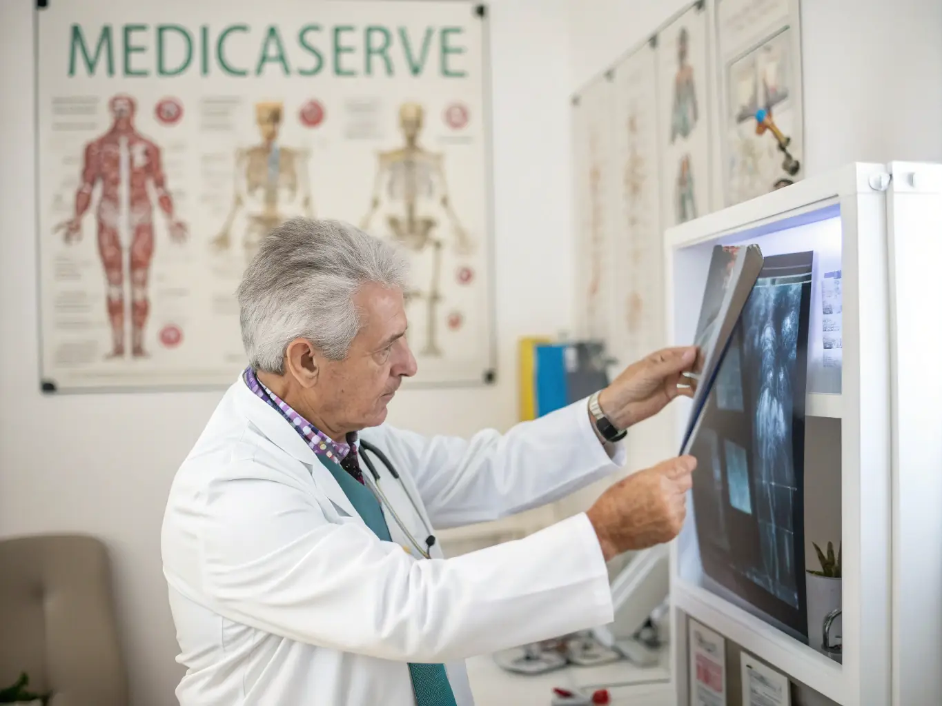 A Canadian orthopedic specialist in a bright, modern clinic, reviewing X-rays with a patient, emphasizing personalized care and attention to detail.